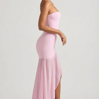 « Harmonie » — Robe Longue Bustier Asymétrique Sirène, Rose Tendre