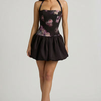 « Fleurette » — Robe Mini Corset Lacée Bullée Fleurie (+ short assorti), Noir Fleuri