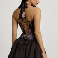 « Fleurette » — Robe Mini Corset Lacée Bullée Fleurie (+ short assorti), Noir Fleuri