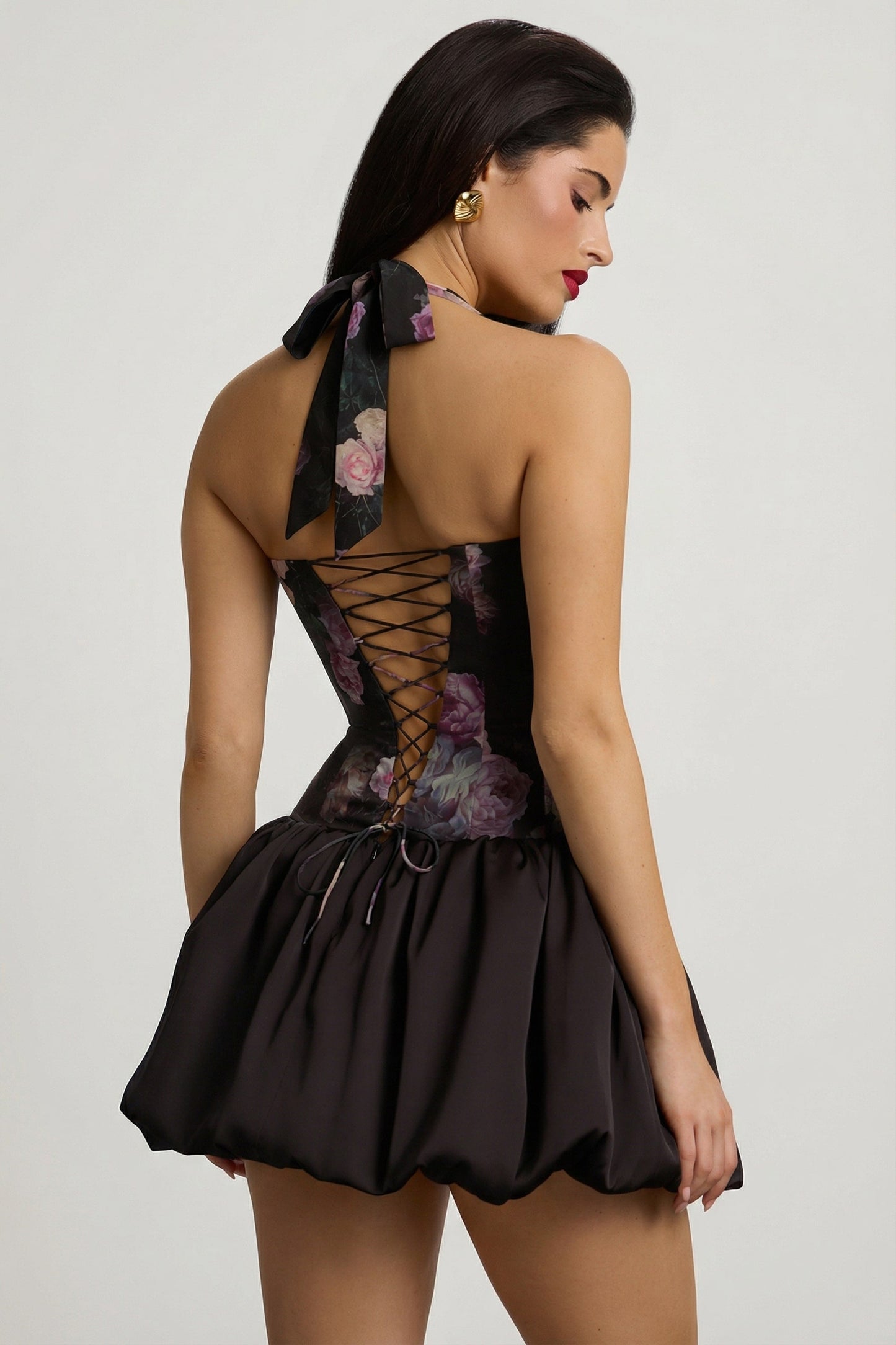 « Fleurette » — Robe Mini Corset Lacée Bullée Fleurie (+ short assorti), Noir Fleuri