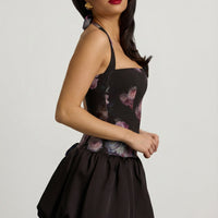 « Fleurette » — Robe Mini Corset Lacée Bullée Fleurie (+ short assorti), Noir Fleuri