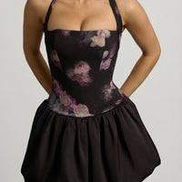 « Fleurette » — Robe Mini Corset Lacée Bullée Fleurie (+ short assorti), Noir Fleuri