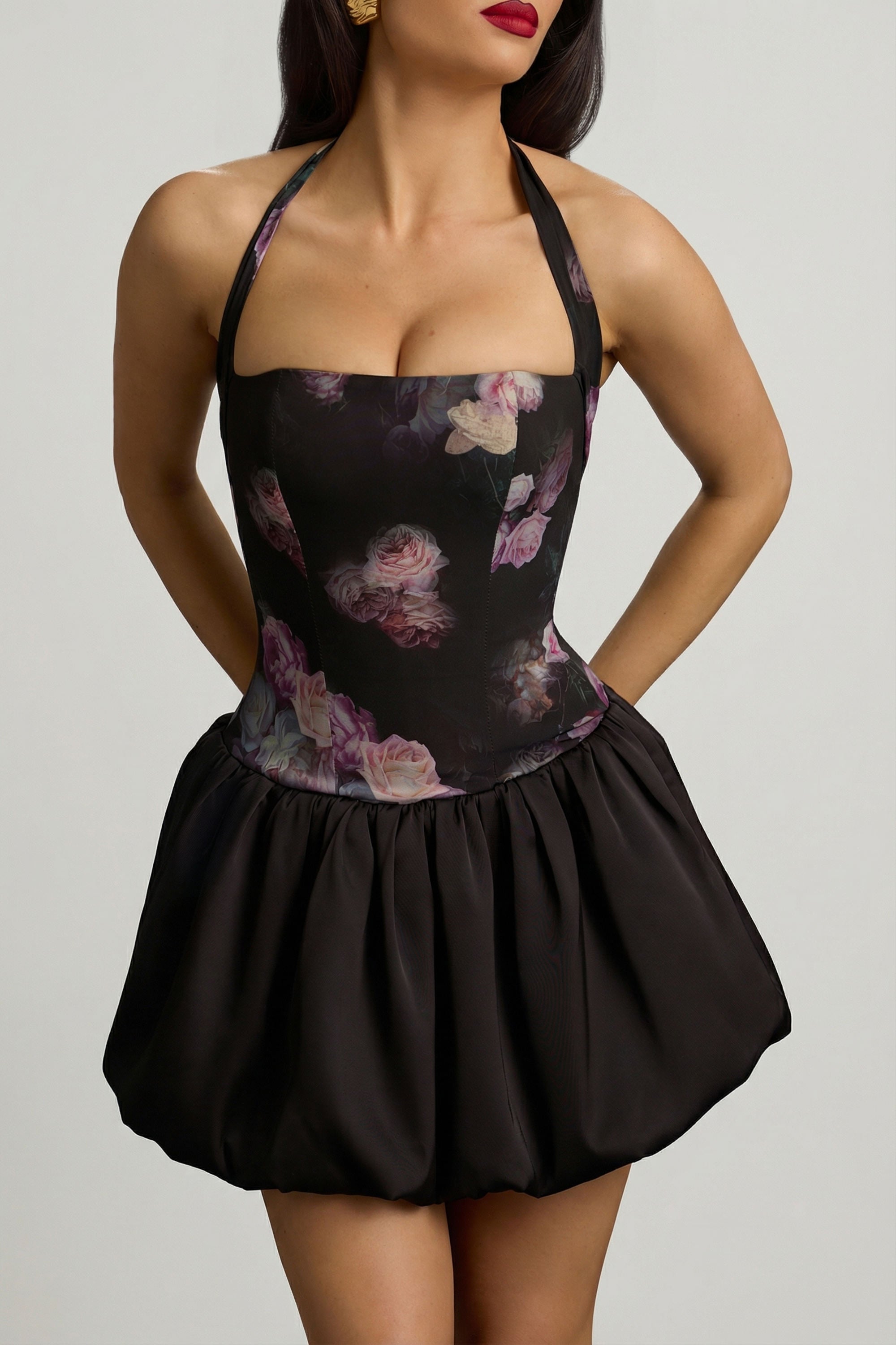 « Fleurette » — Robe Mini Corset Lacée Bullée Fleurie (+ short assorti), Noir Fleuri