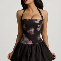 « Fleurette » — Robe Mini Corset Lacée Bullée Fleurie (+ short assorti), Noir Fleuri