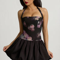 « Fleurette » — Robe Mini Corset Lacée Bullée Fleurie (+ short assorti), Noir Fleuri