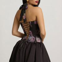 « Fleurette » — Robe Mini Corset Lacée Bullée Fleurie (+ short assorti), Noir Fleuri