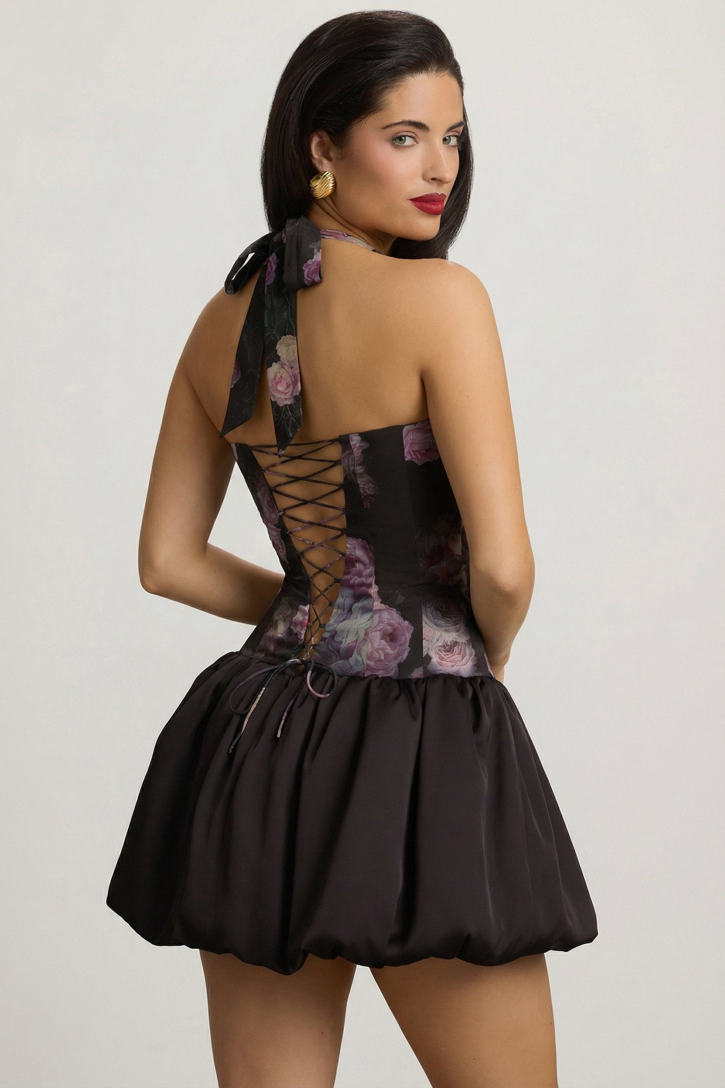 « Fleurette » — Robe Mini Corset Lacée Bullée Fleurie (+ short assorti), Noir Fleuri
