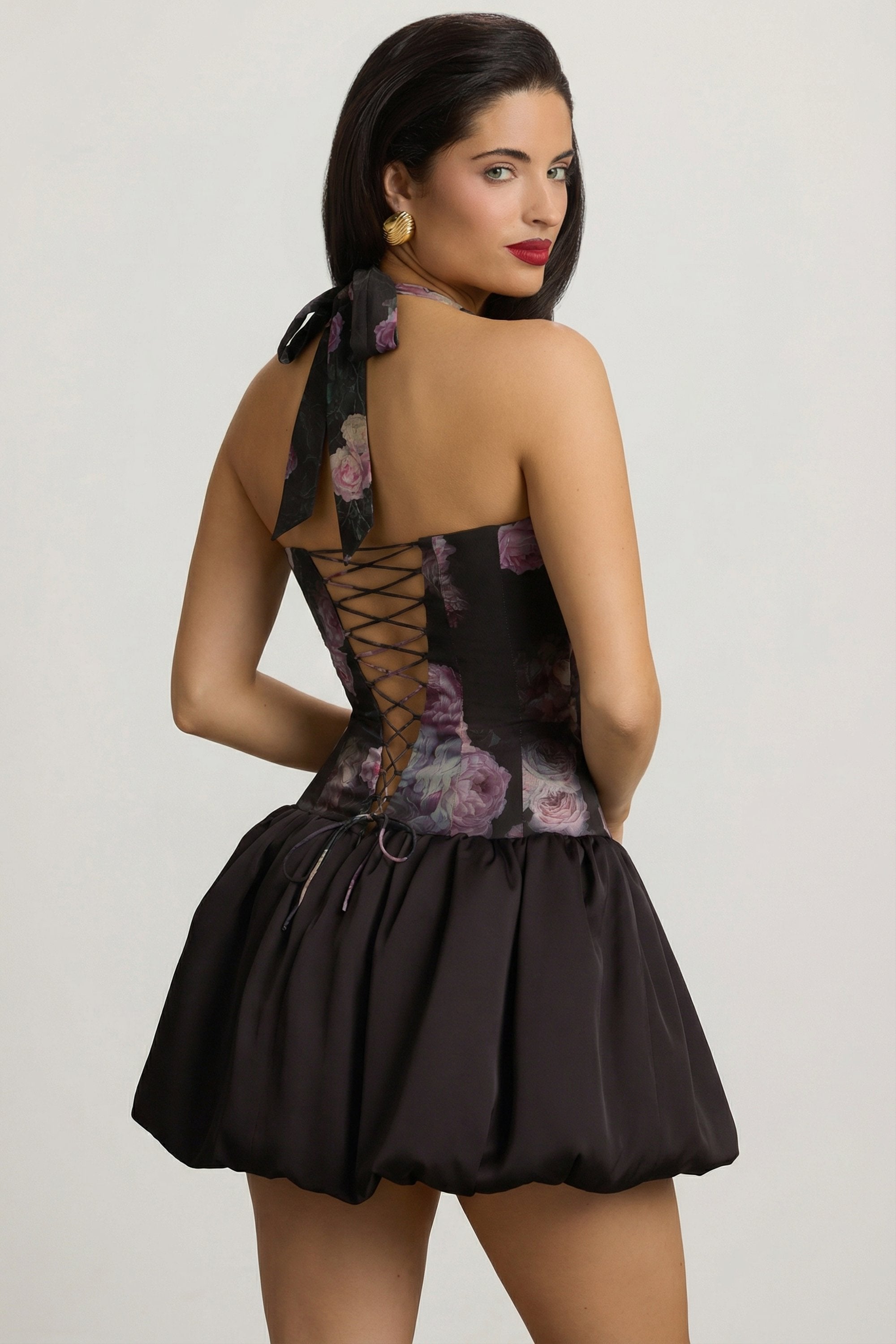 « Fleurette » — Robe Mini Corset Lacée Bullée Fleurie (+ short assorti), Noir Fleuri