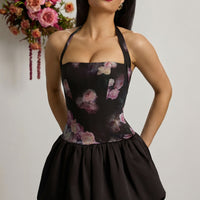 « Fleurette » — Robe Mini Corset Lacée Bullée Fleurie (+ short assorti), Noir Fleuri