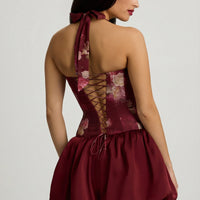 « Fleurette » — Robe Mini Corset Lacée Bullée Fleurie (+ short assorti), Bordeaux Fleuri