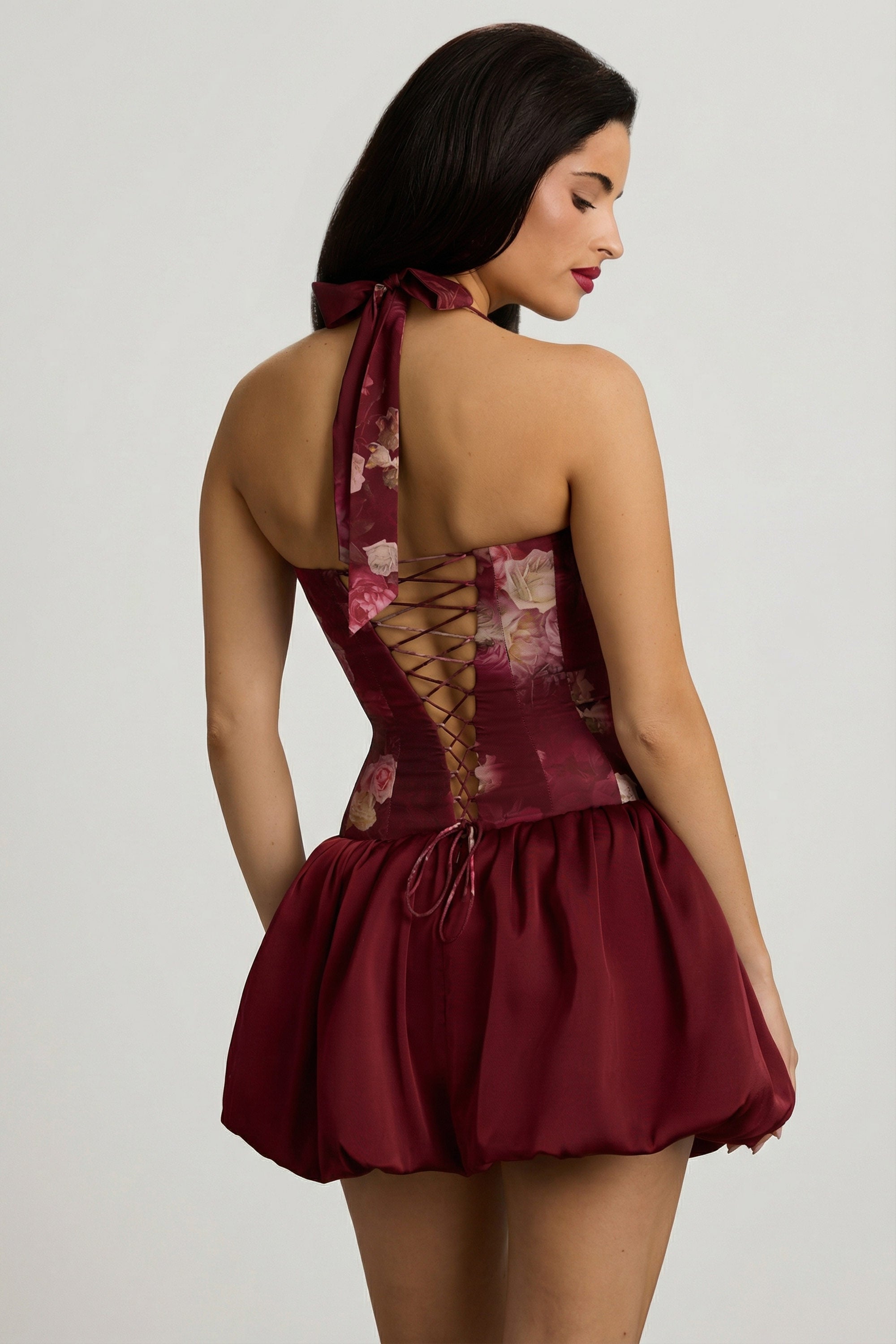 « Fleurette » — Robe Mini Corset Lacée Bullée Fleurie (+ short assorti), Bordeaux Fleuri