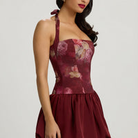 « Fleurette » — Robe Mini Corset Lacée Bullée Fleurie (+ short assorti), Bordeaux Fleuri