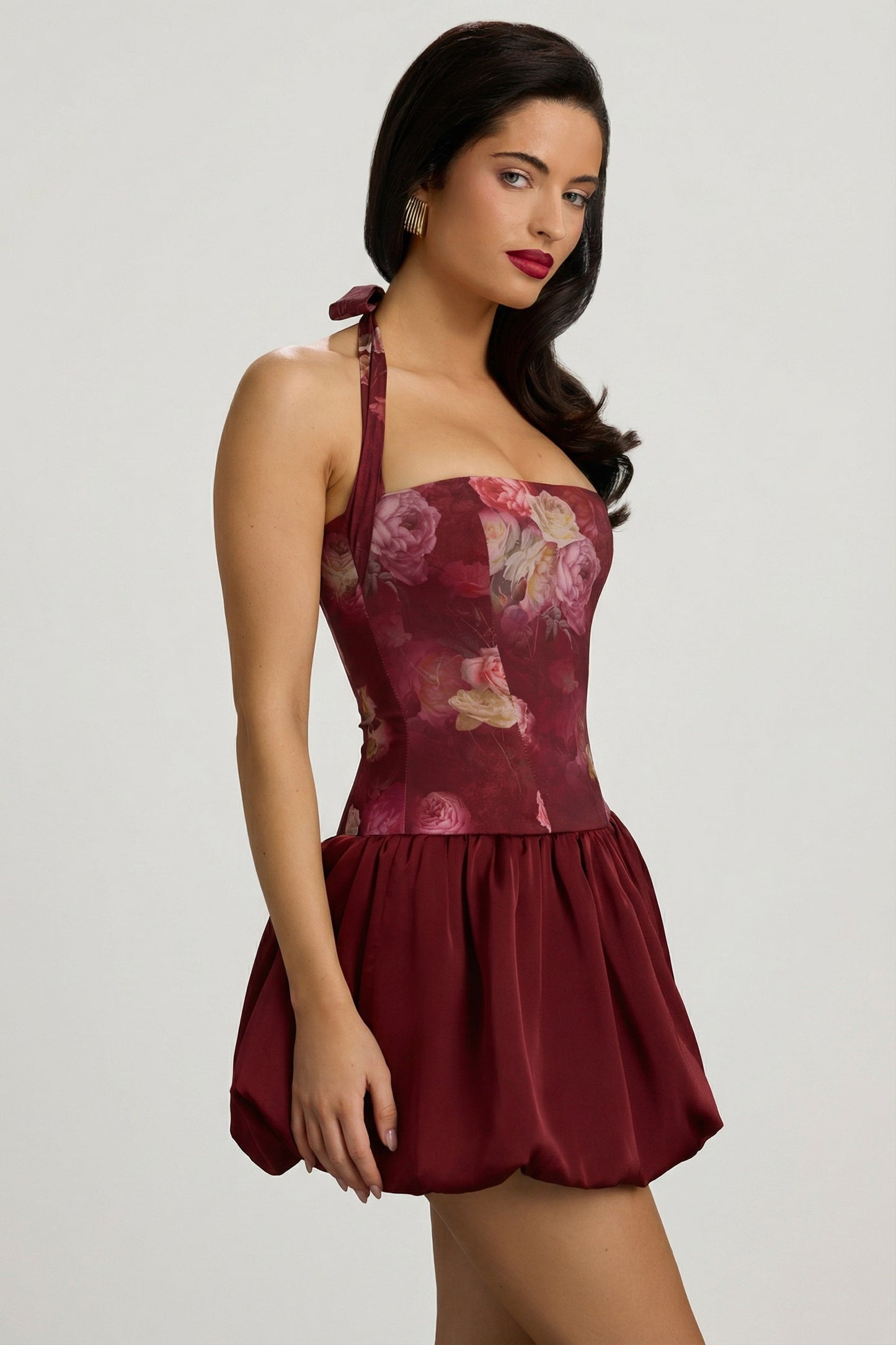 « Fleurette » — Robe Mini Corset Lacée Bullée Fleurie (+ short assorti), Bordeaux Fleuri