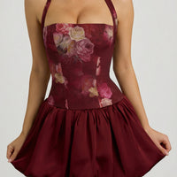« Fleurette » — Robe Mini Corset Lacée Bullée Fleurie (+ short assorti), Bordeaux Fleuri