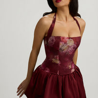 « Fleurette » — Robe Mini Corset Lacée Bullée Fleurie (+ short assorti), Bordeaux Fleuri