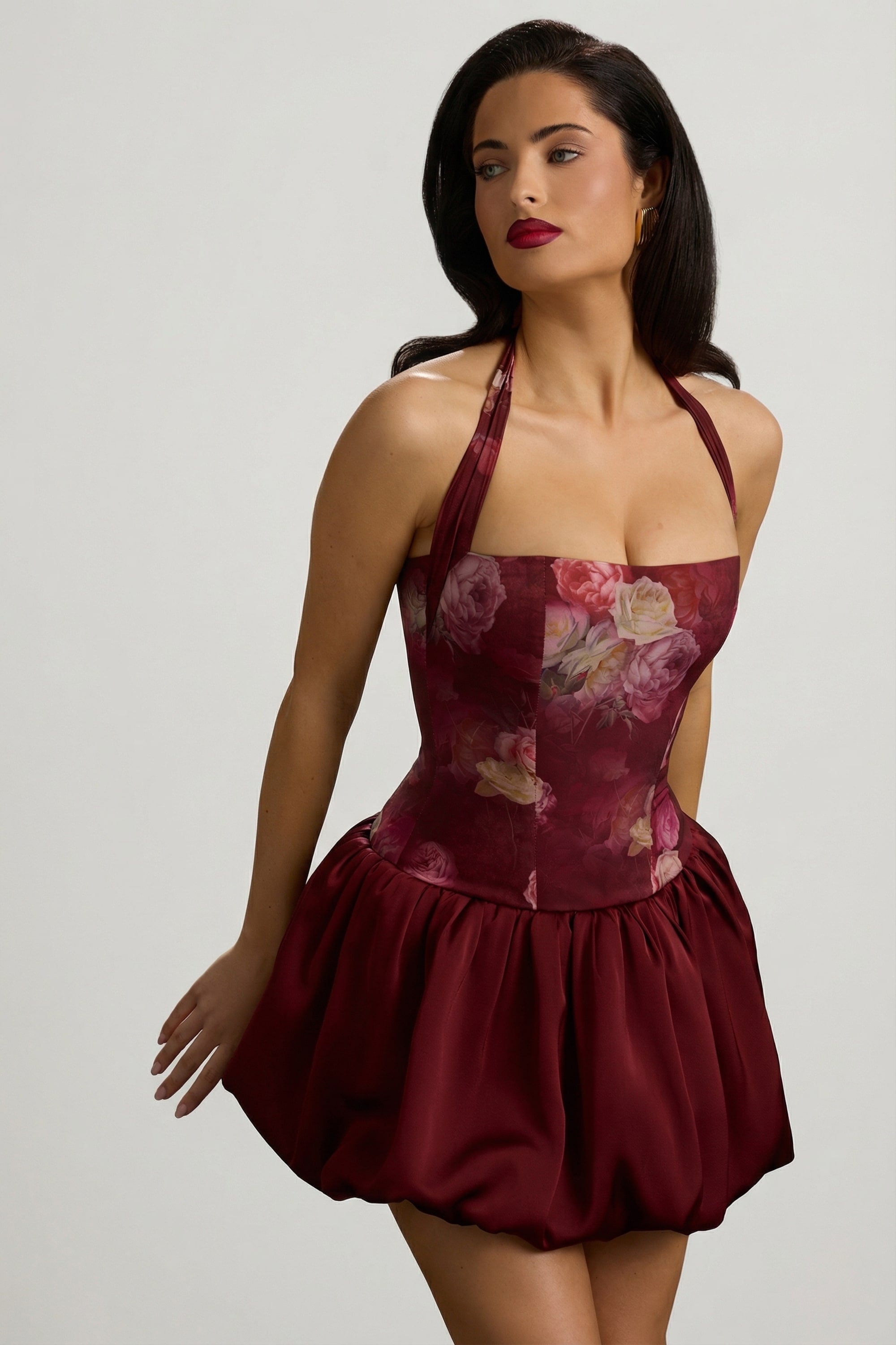 « Fleurette » — Robe Mini Corset Lacée Bullée Fleurie (+ short assorti), Bordeaux Fleuri