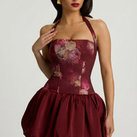 « Fleurette » — Robe Mini Corset Lacée Bullée Fleurie (+ short assorti), Bordeaux Fleuri