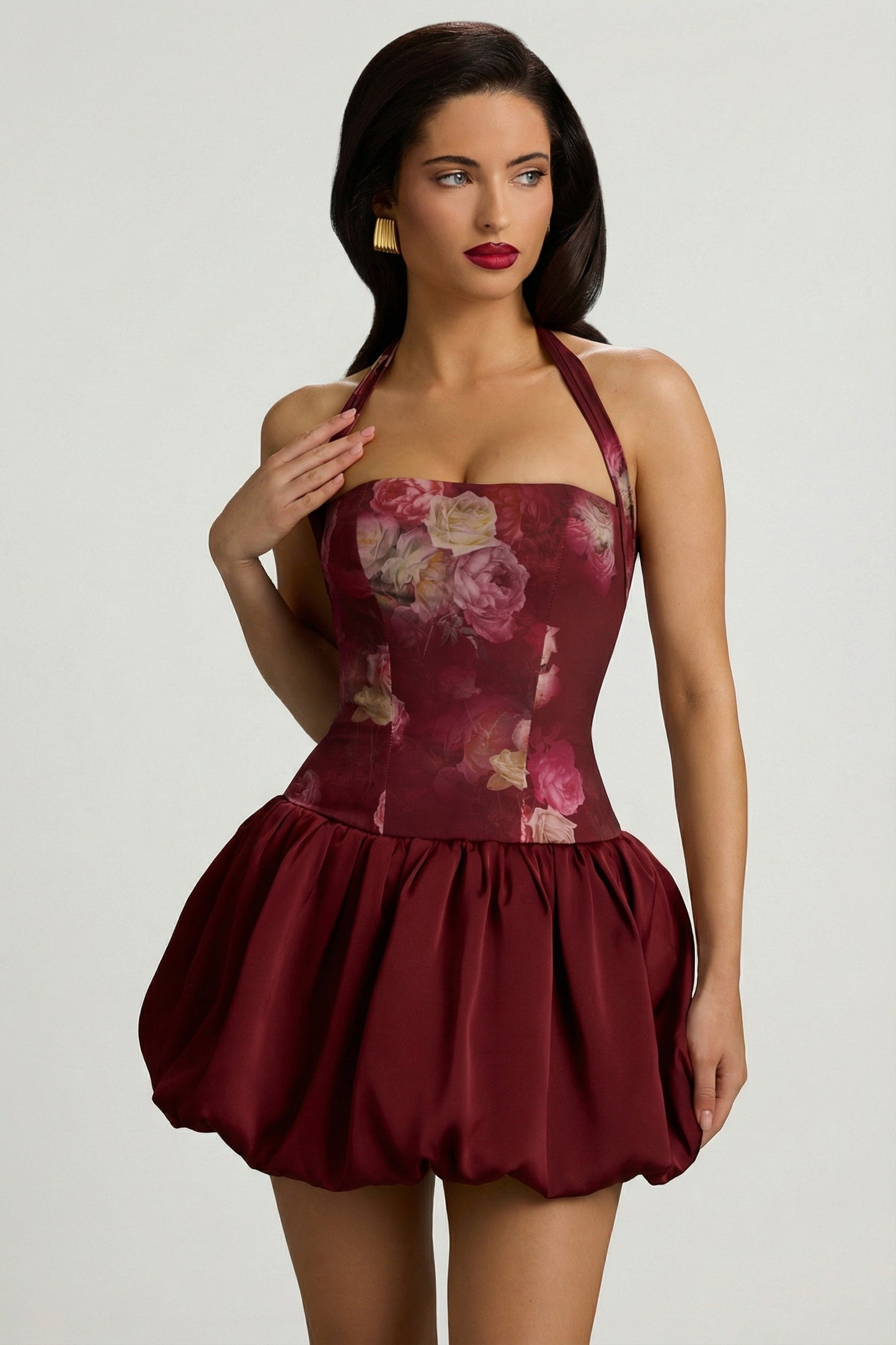 « Fleurette » — Robe Mini Corset Lacée Bullée Fleurie (+ short assorti), Bordeaux Fleuri