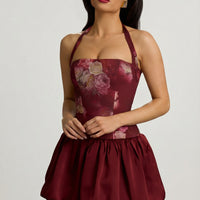 « Fleurette » — Robe Mini Corset Lacée Bullée Fleurie (+ short assorti), Bordeaux Fleuri