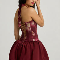 « Fleurette » — Robe Mini Corset Lacée Bullée Fleurie (+ short assorti), Bordeaux Fleuri
