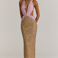 « Panthère Rose » — Robe Longue Découpée Ornée, Léopard Rose
