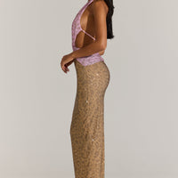 « Panthère Rose » — Robe Longue Découpée Ornée, Léopard Rose