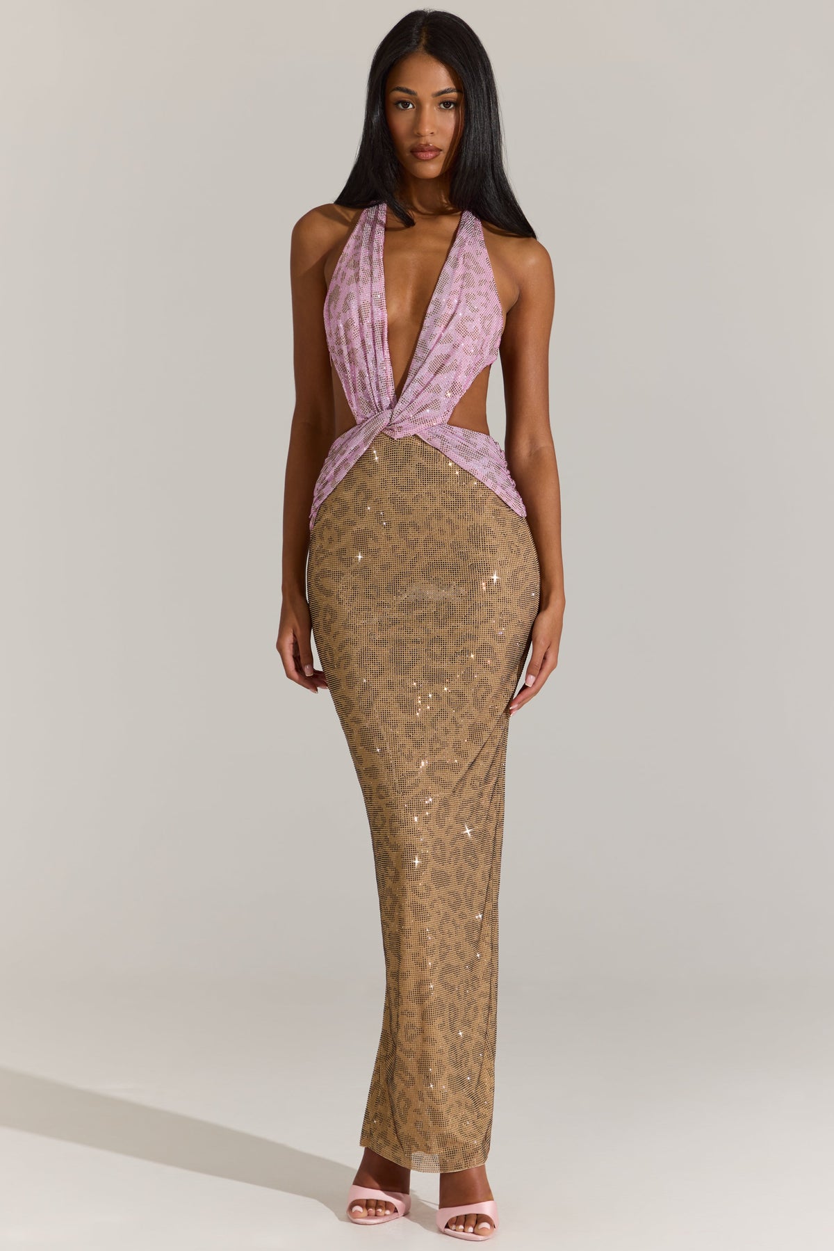 « Panthère Rose » — Robe Longue Découpée Ornée, Léopard Rose