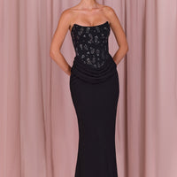 « Ébène Couture » — Robe Longue Corset Orné, Noir