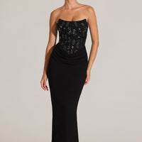 « Ébène Couture » — Robe Longue Corset Orné, Noir