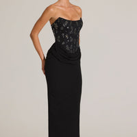 « Ébène Couture » — Robe Longue Corset Orné, Noir