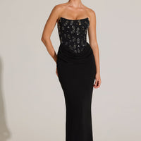 « Ébène Couture » — Robe Longue Corset Orné, Noir