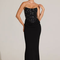« Ébène Couture » — Robe Longue Corset Orné, Noir