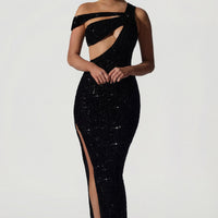 « Perséphone » — Robe de Soirée Asymétrique Ornée, Noir