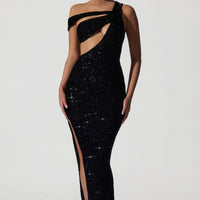 « Perséphone » — Robe de Soirée Asymétrique Ornée, Noir