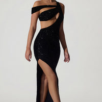 « Perséphone » — Robe de Soirée Asymétrique Ornée, Noir