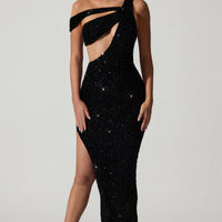 « Perséphone » — Robe de Soirée Asymétrique Ornée, Noir