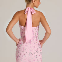 « Ruban Fleuri » — Robe Courte Cœur Ornée, Rose Poudré