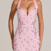 « Ruban Fleuri » — Robe Courte Cœur Ornée, Rose Poudré