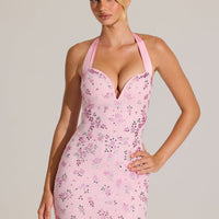 « Ruban Fleuri » — Robe Courte Cœur Ornée, Rose Poudré