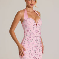 « Ruban Fleuri » — Robe Courte Cœur Ornée, Rose Poudré