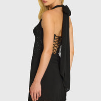 « Étoile » — Robe Mini Corset Dentelle Pailletée, Noir