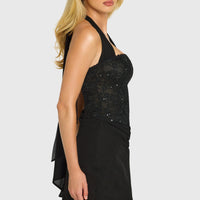 « Étoile » — Robe Mini Corset Dentelle Pailletée, Noir