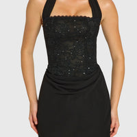« Étoile » — Robe Mini Corset Dentelle Pailletée, Noir