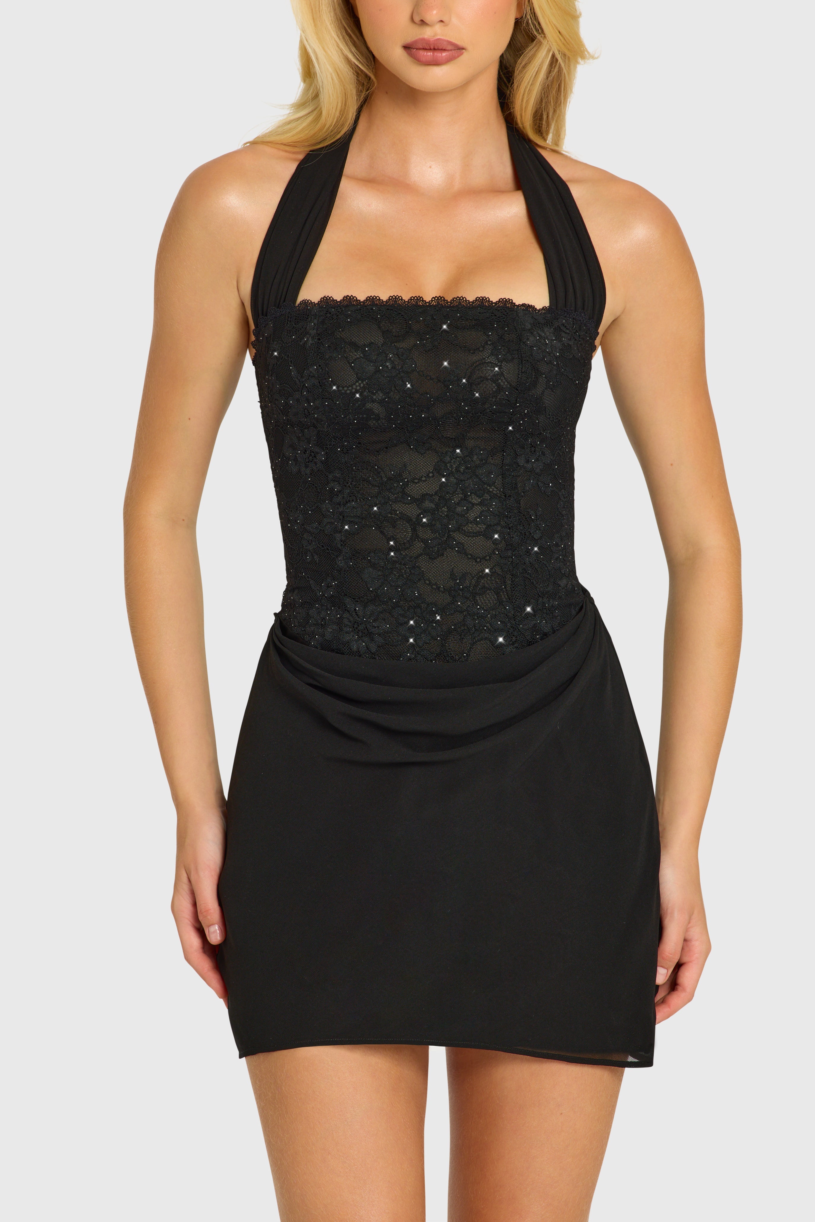 « Étoile » — Robe Mini Corset Dentelle Pailletée, Noir