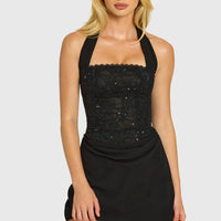 « Étoile » — Robe Mini Corset Dentelle Pailletée, Noir