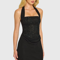 « Étoile » — Robe Mini Corset Dentelle Pailletée, Noir
