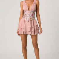 « Sakura » — Robe Mini Corset Fleurie à Volants, Rose