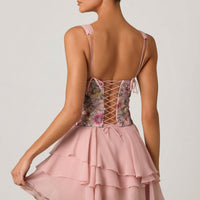 « Sakura » — Robe Mini Corset Fleurie à Volants, Rose