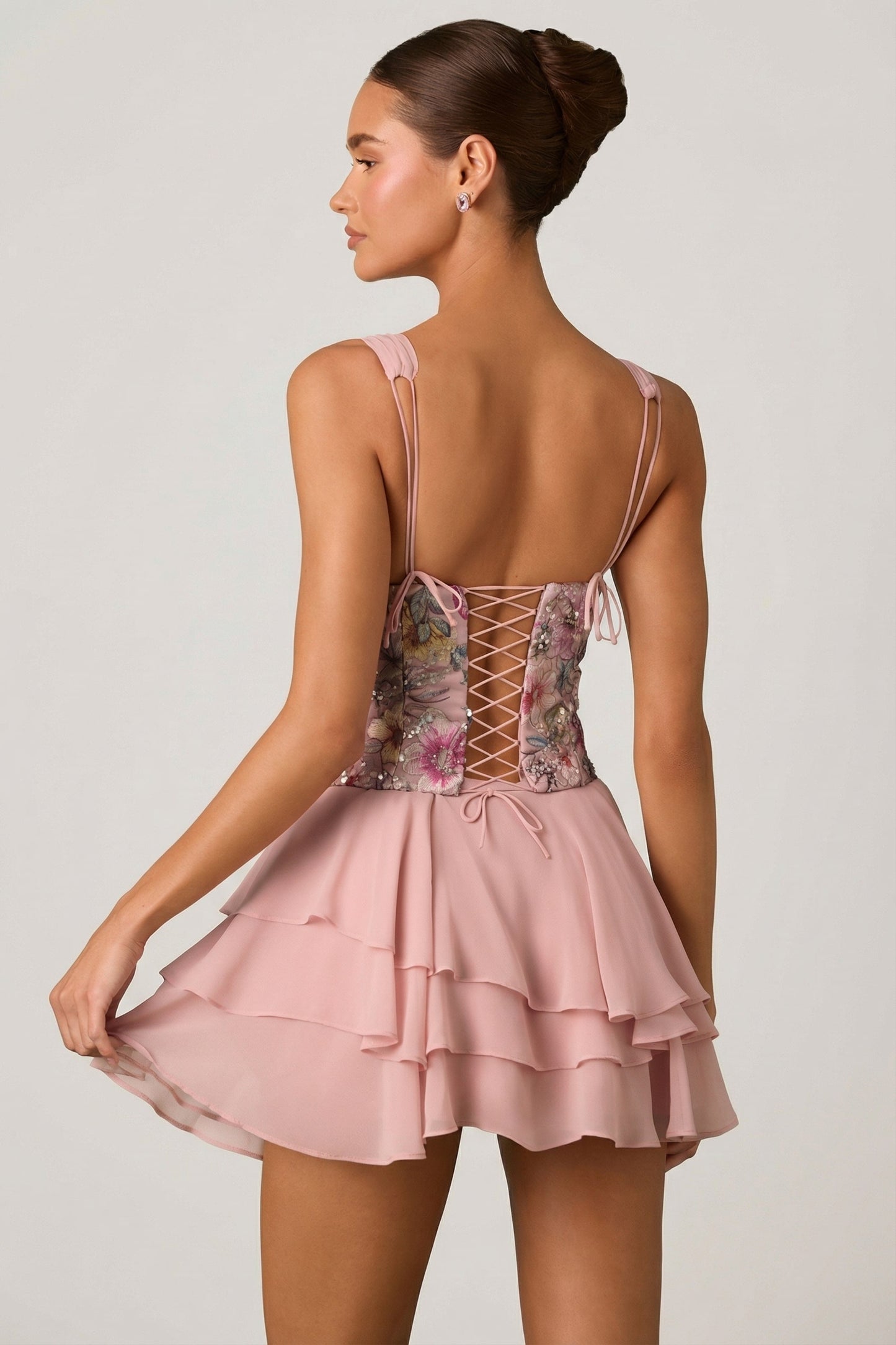 « Sakura » — Robe Mini Corset Fleurie à Volants, Rose