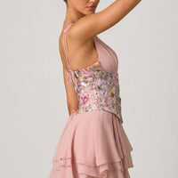« Sakura » — Robe Mini Corset Fleurie à Volants, Rose